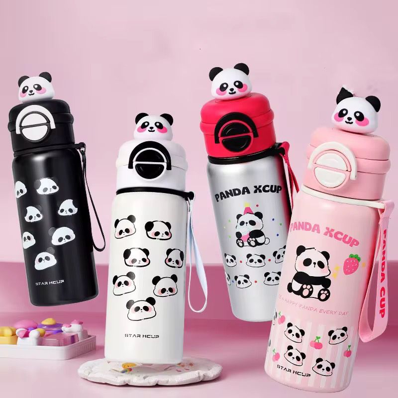 Cute Panda Water Bottle/Flip Cap & Strap